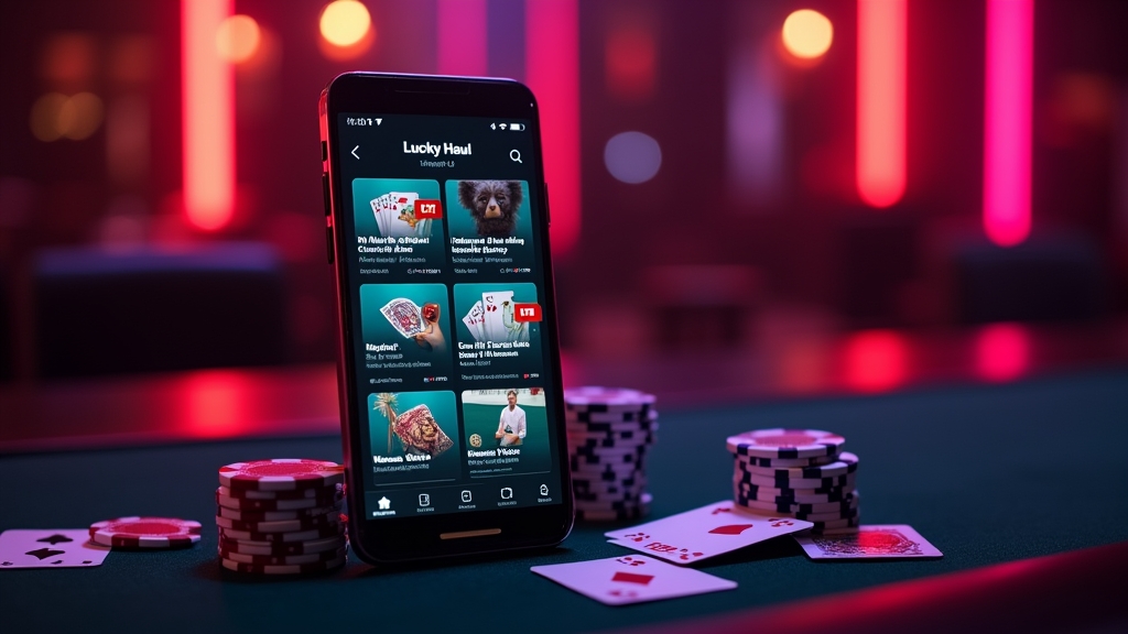 Smartphone showing the Lucky Haul app in a neon casino setting