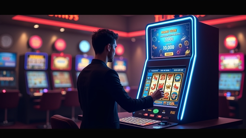 Neon casino cashier screen beside a Lucky Haul slot machine with a promo code entry field