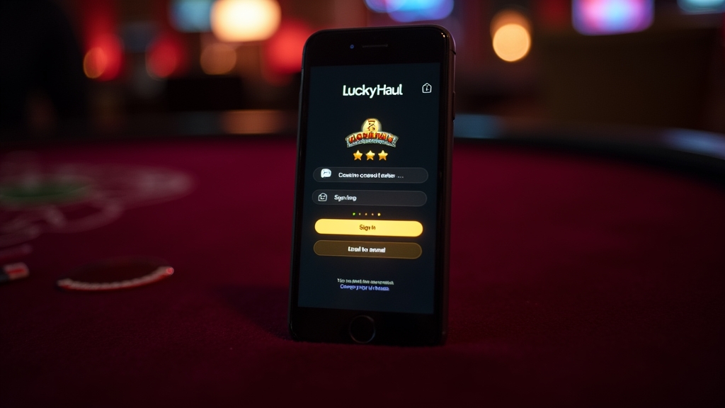 Smartphone displaying Lucky Haul app after first login in a dark casino scene